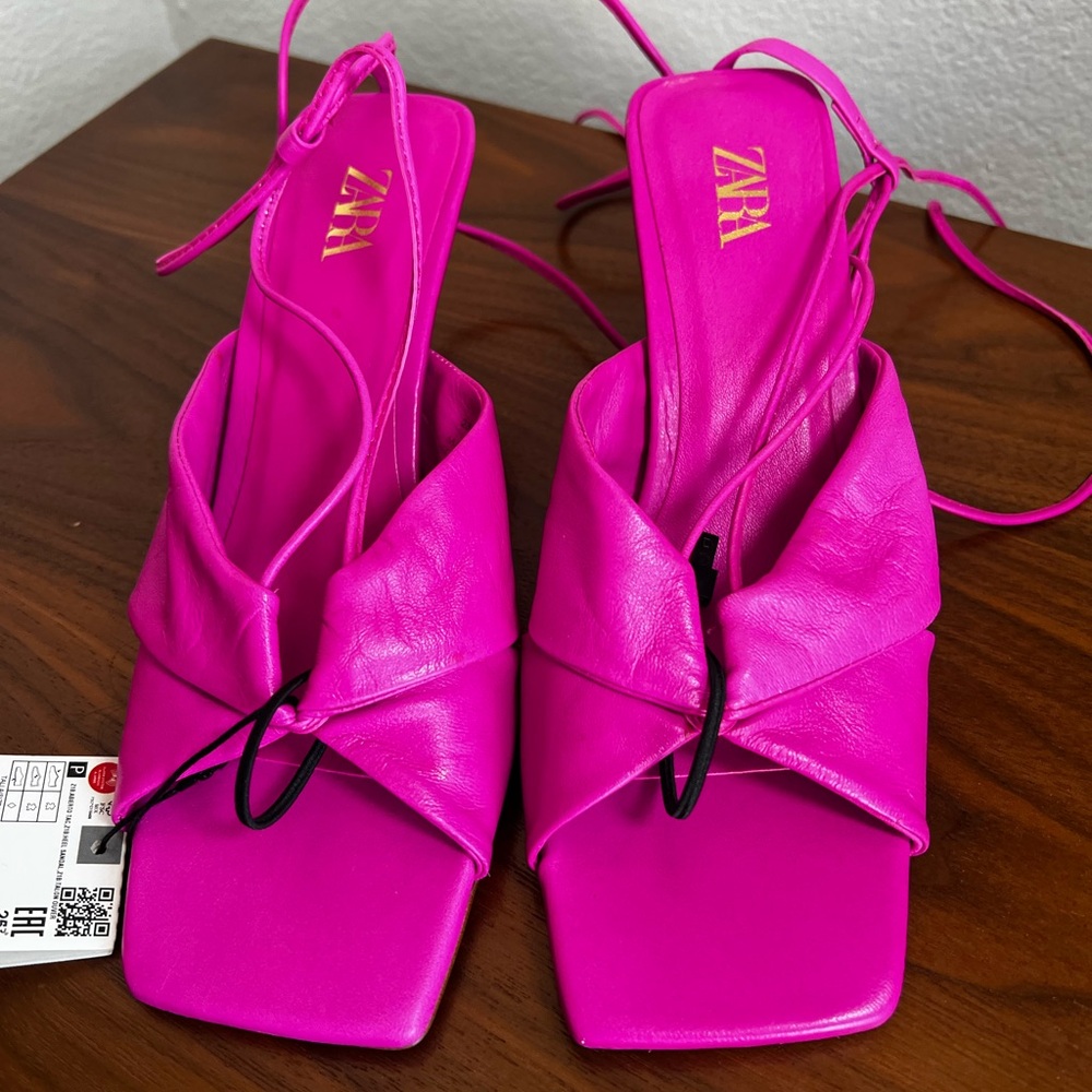 Zara Pink Leather Strappy Tie-Up Sandals